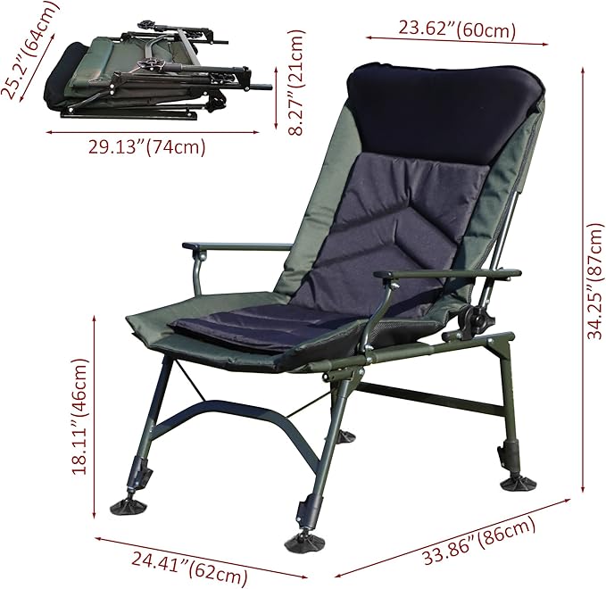 Camping Lounge Chair Portable Folding Reclining Camping Chair with Adjustable backrest for Indoor and Outdoor Camping Beach Hiking Fishing Green+Black