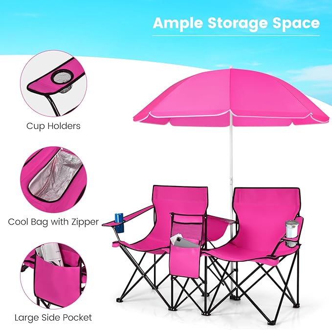 Double Beach Chair 2-Person Portable Loveseat w/Removable Umbrella Cup Holders &amp Carrying Bag Folding Camping Chairs for Adults Outdoor Picnic (Pink)