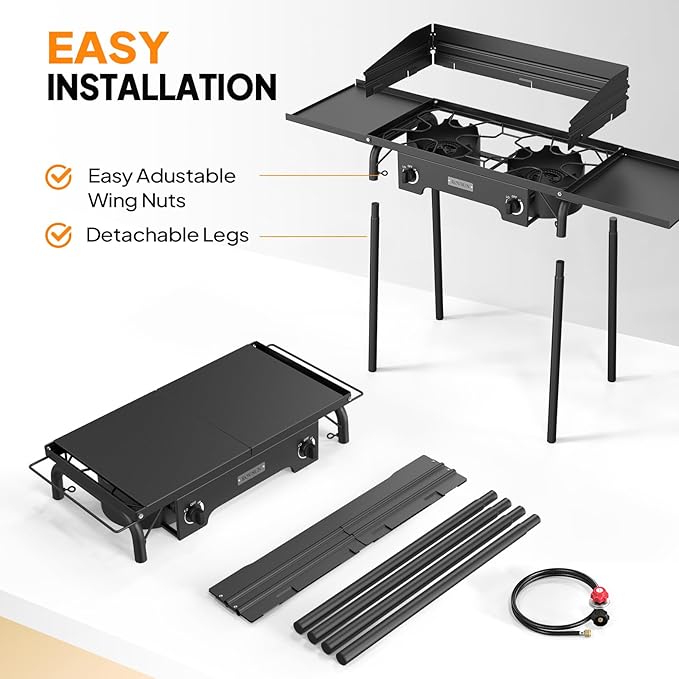 ROVSUN 2 Burner Gas Stove with Side Shelves 150000 BTU Portable Propane Stove with Removable Legs Wind Panels &amp Regulator for Camping Home Backyard Cooking Brewing Canning Turkey Frying