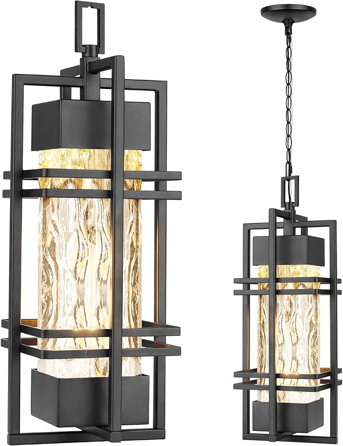 WIHTU Large Outdoor Pendant Light Fixture Modern Hanging Lantern Ceiling Mount Anit-Rust Waterproof Chandelier Lighting Exterior with Stone Bubble Glass for Porch Garage Gazebo Patio
