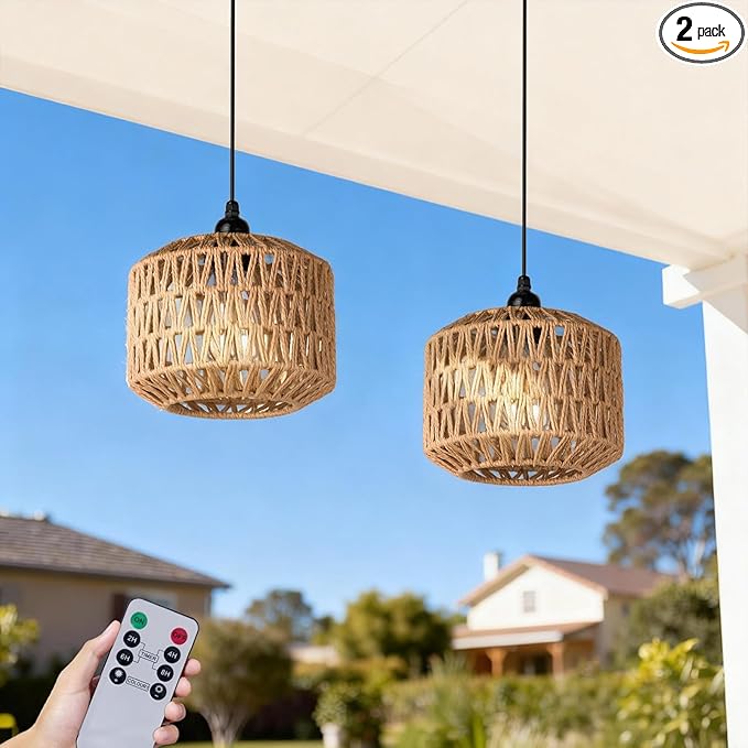 Battery Operated Outdoor Chandelier Battery Power Hanging Pendant Lights Woven Rattan Gazebo Light Outdoor Waterproof for Gazebo Pergola Porch Indoor Outdoor Decor Lighting (7.8)