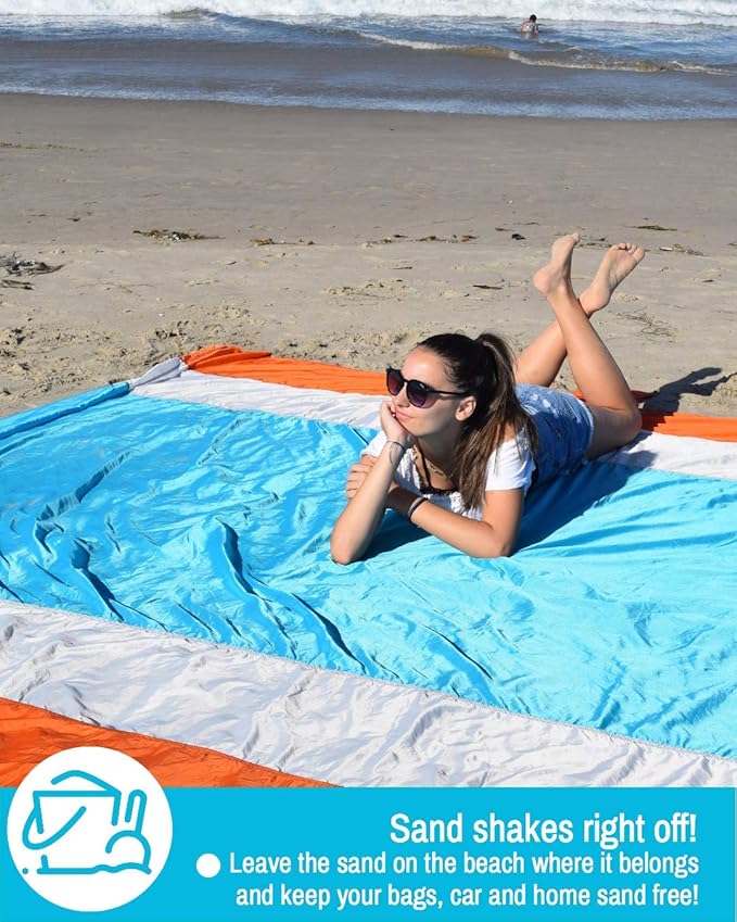 ECCOSOPHY Sandproof Beach Blanket - Oversized Sand Free Beach Mat 9'x10' - Lightweight Outdoor Picnic Blanket Anchored with 4 Corner Sand Pockets &amp Plastic Stakes - Heat Proof Quick Drying &amp