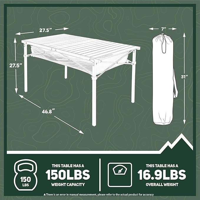 OUTSIDER Folding Camping Table Portable Roll-up Outdoor Lightweight Aluminum Camp Table for Picnic BBQ Backyards Beach Large Storage Mesh Pocket and Carrying Bag Included
