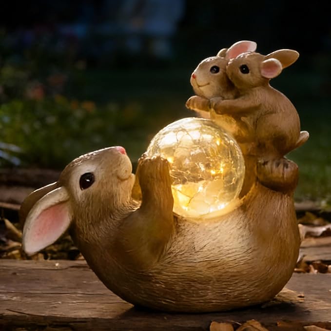 Solar Bunny Lamp Playing with Ball 10x5x9 Inch Outdoor Easter Rabbit Decor Whimsical Garden Statue for Lawn Backyard &amp Night Landscape Easter Bunny Figurine Night Light