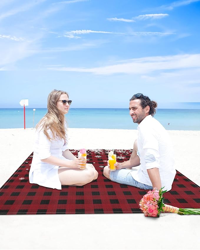 Beach Blanket Waterproof Sandproof Christmas White Snowflake Quick Drying Beach Mat with 4 Stakes Red Black Buffalo Checkered Lightweight Picnic Blanket for Travel Camping Outdoor 108x84