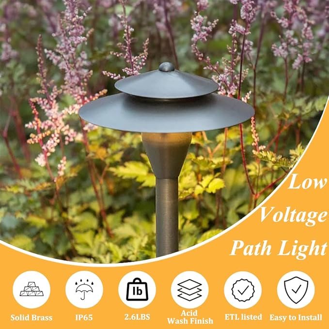 Low Voltage Pathway Lights Solid Brass 12v Walkway Light IP65 Waterproof Double Hat-Top Landscape Lighting for Yard Lawn Patio Driveway Outside Garden 2 Pack（Without Bulb）
