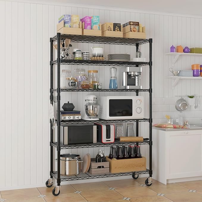 6-Story Storage Rack Adjustable Heavy-Duty Steel Wire Rack With Wheels/Leveling Feet Suitable For Garages Kitchens Laundry Rooms And Basements (Black 46.06 Inches X 17.71 Inches X 81.88 Inches)