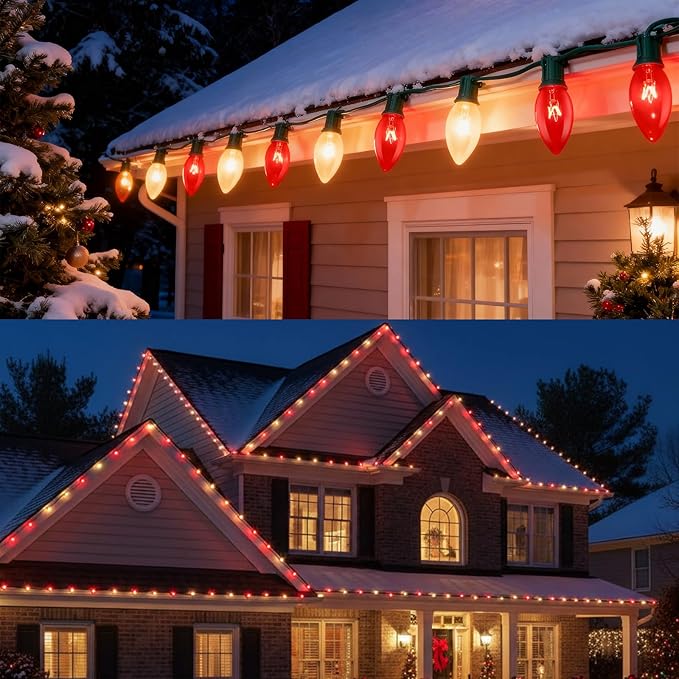 25FT C9 Christmas Outdoor LightsRed and Frosted White Christmas Lights with 26 Bulbs(1 Spare)Commercial Vintage Red White String Light for Tree Yard Garden Porch Party
