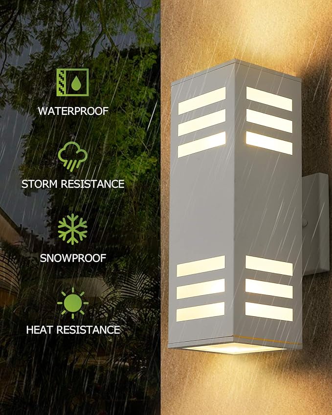harriet Porch Lights Outdoor Modern - IP64 Waterproof Aluminum and Tempered Glass Cover 13 Rectangular Up/Down Wall Sconce for Porch Garage &amp Patio Exterior Lighting White 2 Pack