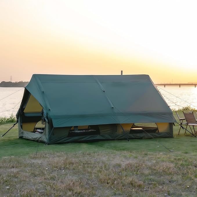 Inflatable Camping Tent with Hand Pump Waterproof Outdoor Blow up Tent Oxford 4 Season Air Tent Cabin House with Mesh Windows &amp Door 12sq/6sq Green