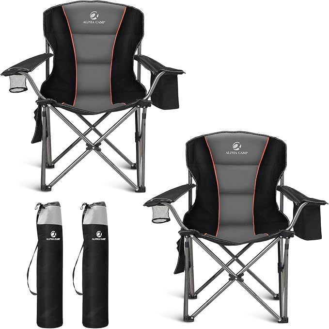 ALPHA CAMP Oversized Folding Camping Chair Heavy Duty Portable Lawn Chairs with Cooler Bag Side Pocket &amp Cup Holder Folding Chairs for Outside Support 450 LBS
