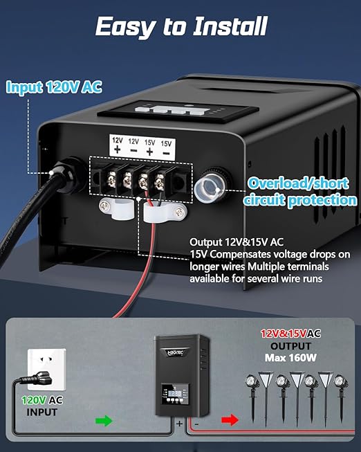 HIBOITEC 200W Low Voltage Landscape Transformer Outdoor Lighting Transformer with Photocell Sensor and Timer 120V AC to 12V/15V AC Weatherproof Transformers for Landscape Lighting Path Lights