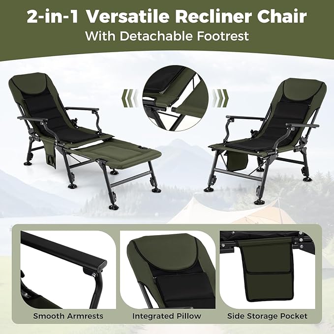 GYMAX Foldable Fishing Chair Heavy Duty Oversized All-Terrain Camping Chair Detachable Footrest 180° Adjustable Padded High-Back Portable Recliner for Outdoor (Detachable Footrest)