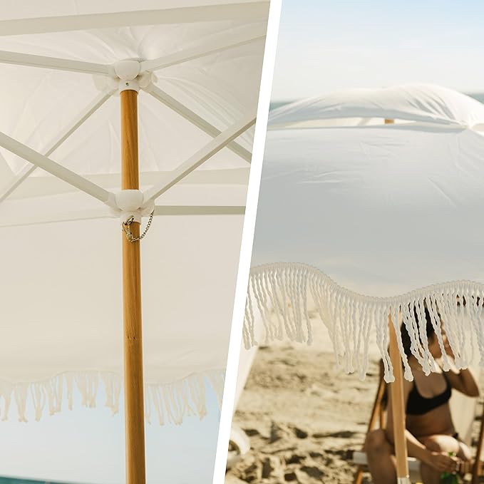 AMMSUN Beach Cabana with Beach Blanket 6.5' x 6.5' Boho Canopy with Tassels Premium Wood Pole Fringe Cabana Tent with Sand Pockets Instant Sun Shade for Sand Garden Outdoor Elegant White