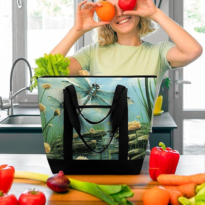 Insulated Shopping BagLarge Reusable Cooler Bags Dragonflies in Flight Printed Foldable Shopping BagTravel Waterproof Shoulder Bag