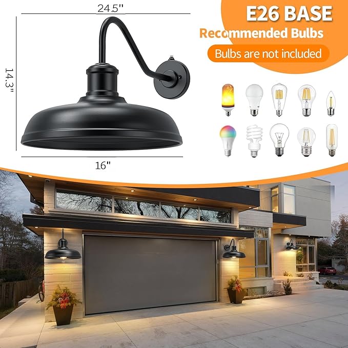 16 Inch Dome Dusk to Dawn Gooseneck Barn Light Outdoor Large Farmhouse Exterior Light Fixture Wall Mount Industrial Outdoor Wall Sconce Outside Lantern for House Porch Garage Entryway Black