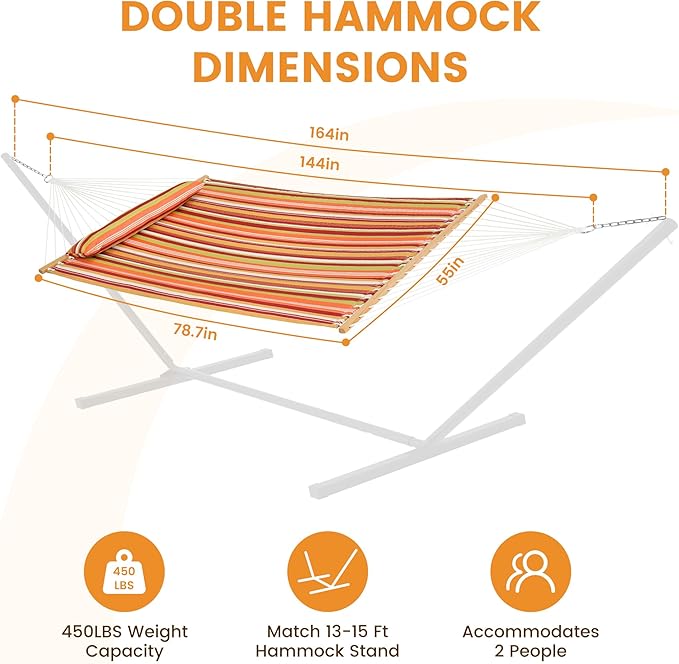 Lazy Daze Hammocks 12 FT Quilted Fabric Double Hammock with Spreader Bars and Detachable Pillow 450lbs Weight Capacity Vivid Stripe