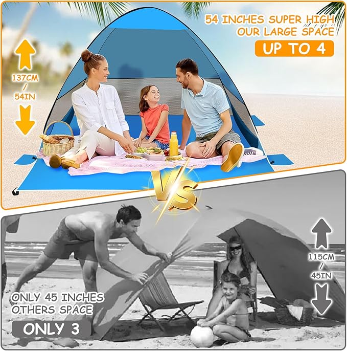 Pop Up Beach Tent Beach Shade with UPF50+ UV Protection Pop Up Tent for 3-4 Person Easy Setup Sun Shade Canopy for Camping Fishing (Light Blue)