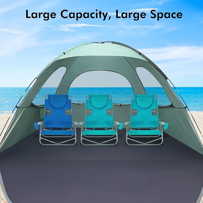 WhiteFang Beach Tent Anti-UV Portable Sun Shade Shelter for 3/4/6/8 Person Extendable Floor with 3 Ventilating Mesh Windows Plus Carrying Bag Stakes and Guy Lines