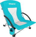 KingCamp Low Beach Chair High Back Folding Camping Chair for Adults Oversized Breathable Mesh Seat 300lbs Heavy Duty Portable Chair with Cup Holder &amp Storage Pockets for Beach Outdoor