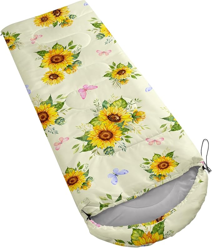 Sunflower Sleeping Bags for Adults KidsYellow Backpacking Camping Sleeping Bag for Girls Boys Lightweight Waterproof Cold/Warm Weather Sleeping Bag for All Season Outdoor Travel with Compression Bags