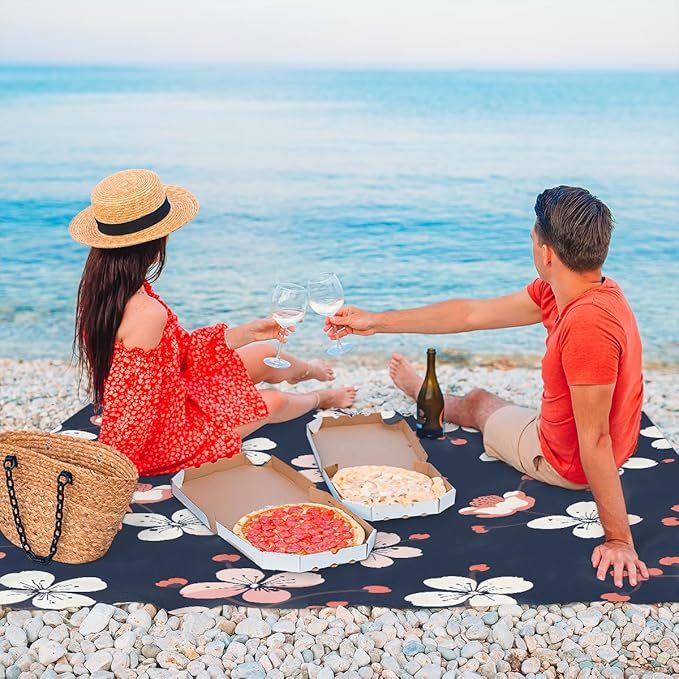 Waterproof Sandproof Beach Blanket 59''×68'' Flower Polyester Outdoor Picnic Blanket with 4 Stakes &amp Storage Bag for BeachCampingVacation Blue Background
