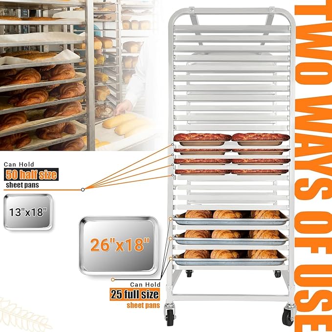 HECASA Adjustable Bun Pan Rack 25 Tier with Brake Wheels Bakery Sheet Rack for Foodservice KitchenRestaurant Pizzeria Hotel Home Aluminum 24.72 L x 20.5 W x 58''H Oxidation