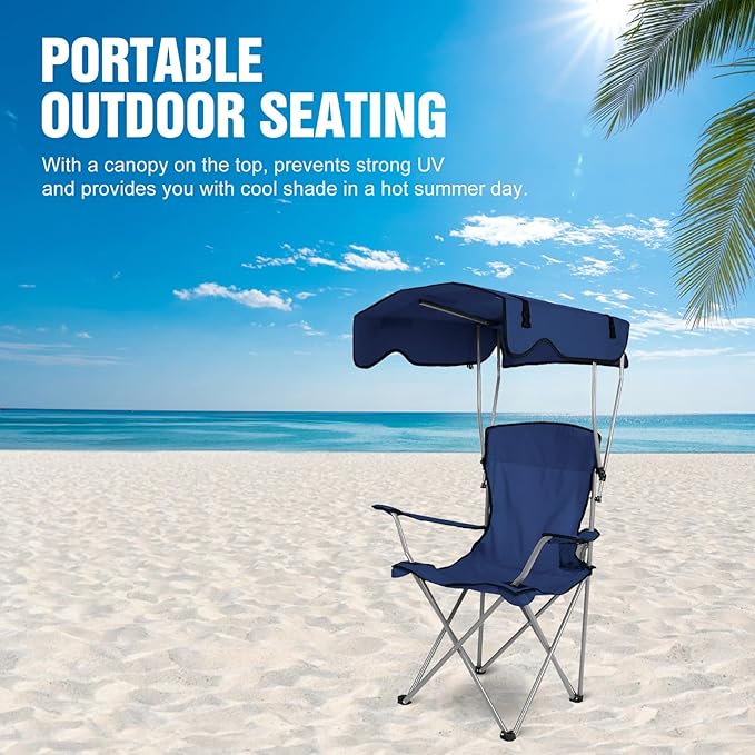 Camping Chair with Canopy Portable Outdoor Folding Beach Chairs with Cup Holder 330LBS Load Lawn Chair for Outside Fishing Beach Picnic (NavyBlue)