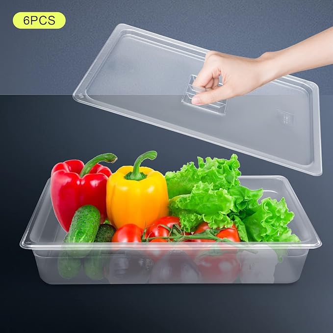 6 Pack Food Pans with Lids Full Size 4 Inch Deep Commercial Food Storage Containers Clear Polycarbonate (PC) Durable for Restaurants Catering Buffet (20.7x12.7x4 Inch)