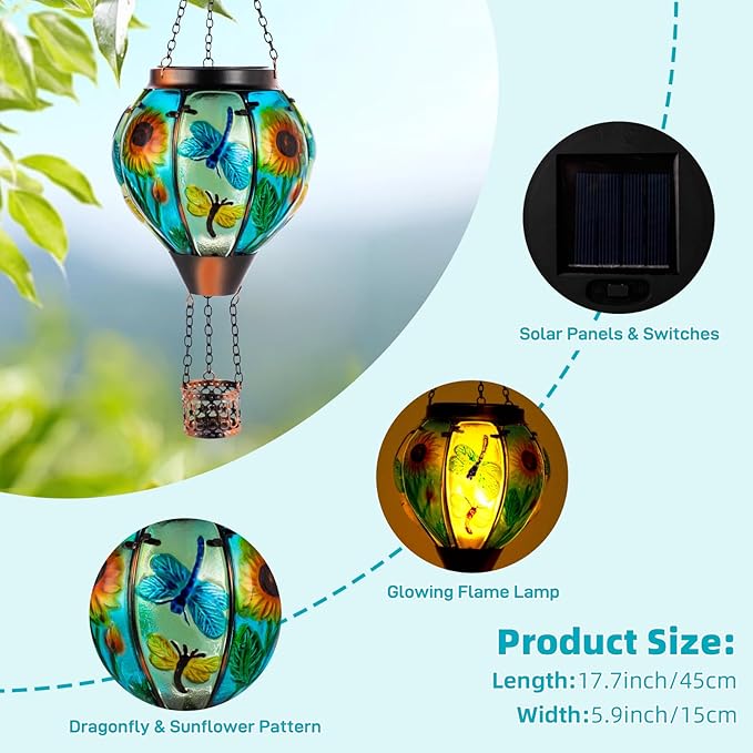 Hanging Hot Air Balloon Solar Lantern Dragonfly Solar Power Hot Air Balloon Lantern Outdoor Waterproof Glass Hanging Light for Outdoor Patio Garden Decor