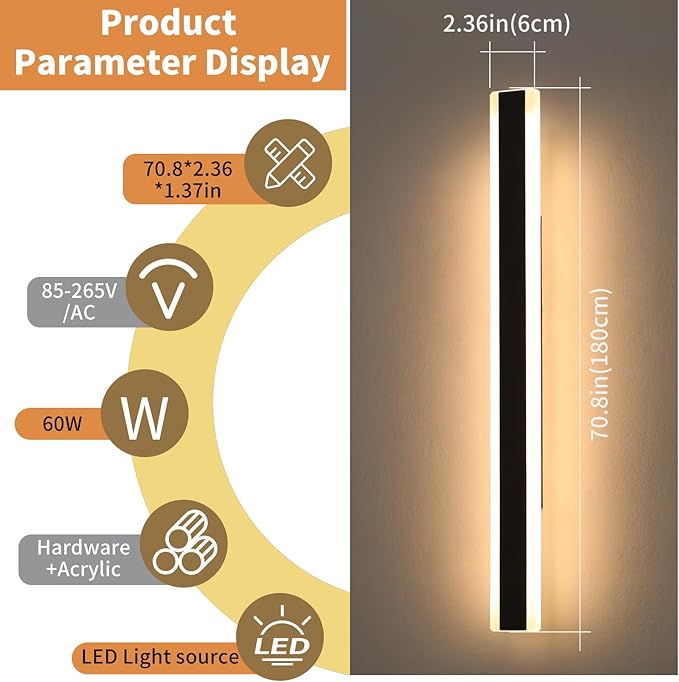 71inch Long Modern LED Outdoor Wall Light Black Outside Wall Sconces Lamps 3 Color 3000K/4500K/6000K IP65 Waterproof Exterior Lighting Fixtures for Patio Garage Yard Porch