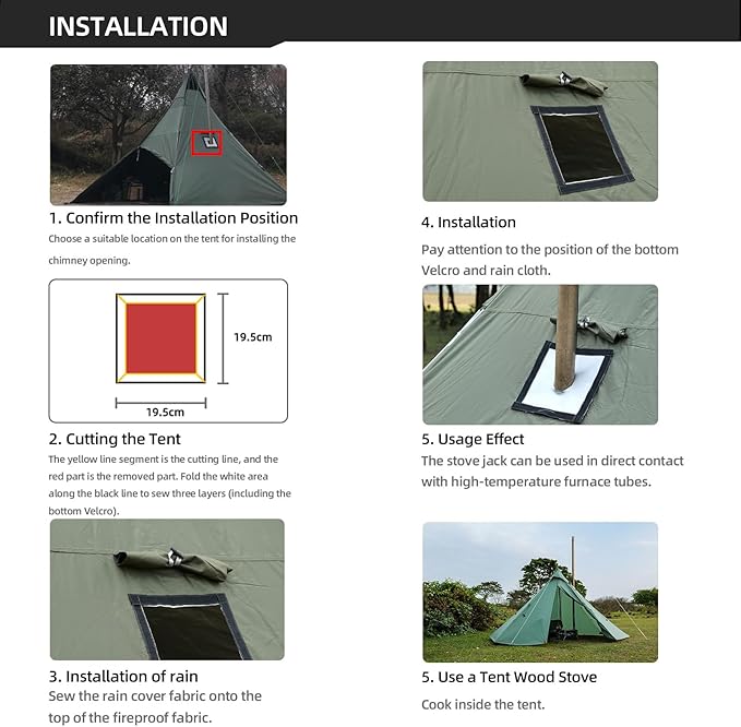Stove Jack Kit for Tent Stove Jack with Rain Flap 2.7/3.9 /DIY Fire Resistant Hole High Temperature Resistance for Canvas Tent Bell Tent Camping