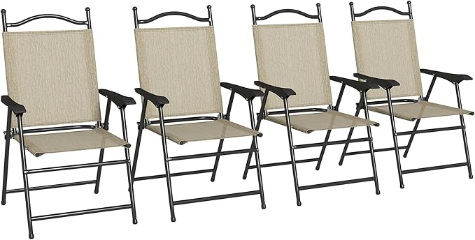Folding Patio Chairs Set of 4 Sports Chairs for Adults Camping Chairs with Armrests Breathable Mesh Fabric Seat for Lawn Beige