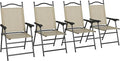 Folding Patio Chairs Set of 4 Sports Chairs for Adults Camping Chairs with Armrests Breathable Mesh Fabric Seat for Lawn Beige