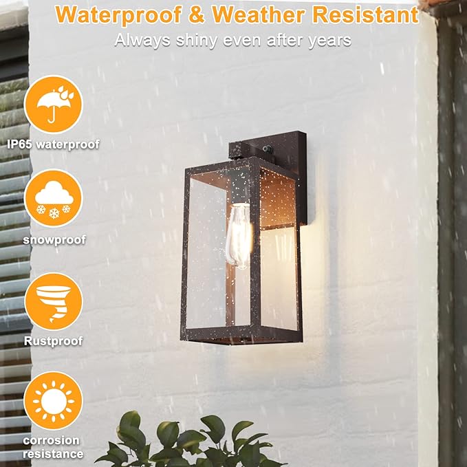 SHINE HAI Dusk to Dawn Outdoor Wall Lantern Exterior Wall Sconce with E26 Base Socket Anti-Rust Waterproof Light Fixture with Glass Shade for Garage Doorway 2 Pack (Dark Chocolate)
