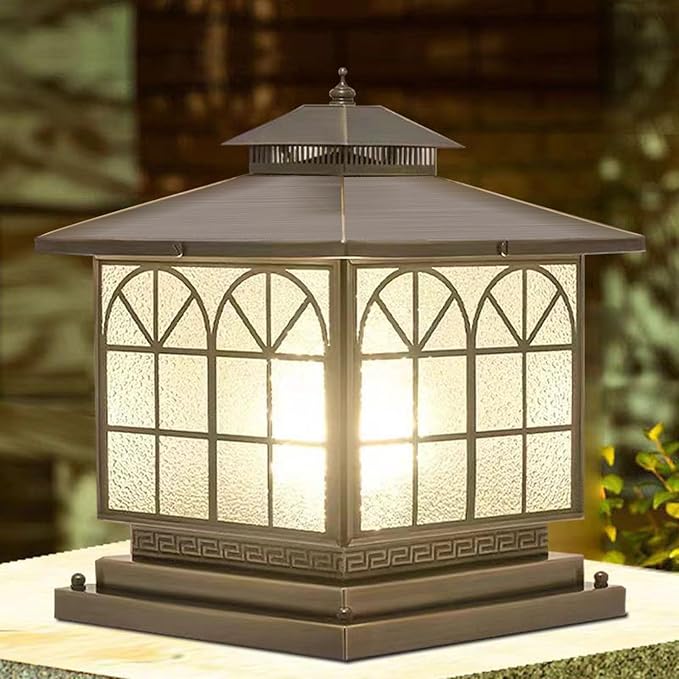 All Copper Steel Glass Outdoor Post Lights Waterproof Pillar Light Vintage Patio Lawn Column LampOutdoor Column LightsDeck Lights Lantern Fence Lamp Fixture E26 Base (Arch Glass 12X12IN)