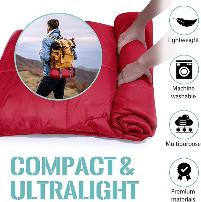 Outdoor Puffy Camping Blanket Lightweight Down Alternative Puffy Printed Camping Large Ultra Warm Hammock Top Quilt Waterproof Blanket for Traveling Picnic Beach Party Cold Weather (Red)