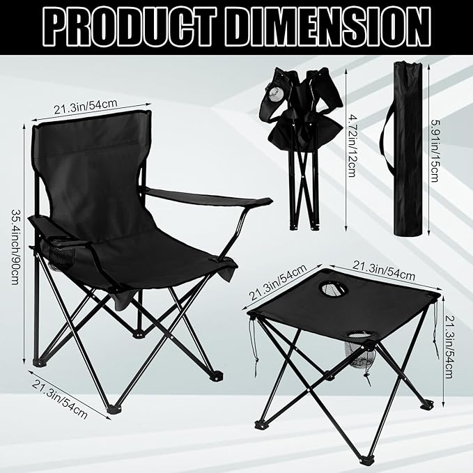 6 Pcs Camping Chairs with Table Heavy Duty Folding Chairs for Outside Camping Table Lawn Foldable Chair with Cup Holders Storage Bags Portable Sports Chairs for Adult Outdoor Travel (Black)