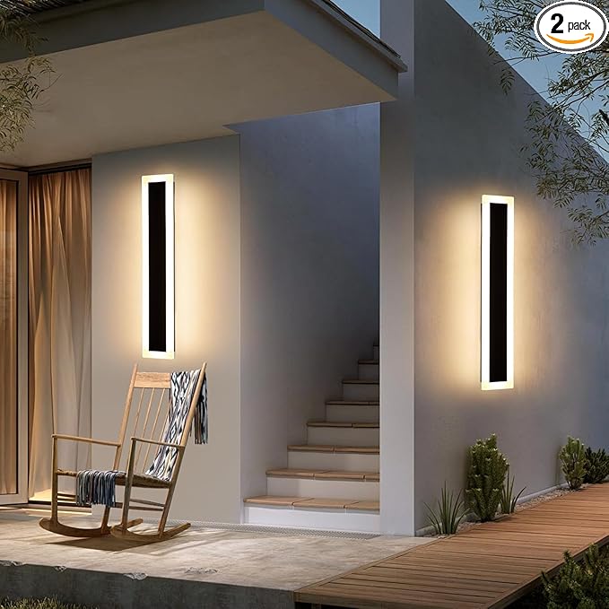 Upgrade Widened 2 Pack Modern LED Wall Sconce 23.6inch Outdoor Wall Lights 3000K Warm White 24W IP65 Waterproof Black Long Linear Wall Mount Lighting Outside Exterior Light for Garage Patio