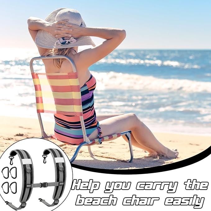Outus 2 Pack Beach Chair Backpack Straps Adjustable Shoulder Carry Strap with 8 Aluminum Carabiners Clips Backpack Straps Replacement Heavy Duty Nylon Chair Carrying for Beach Camping Folding Chairs