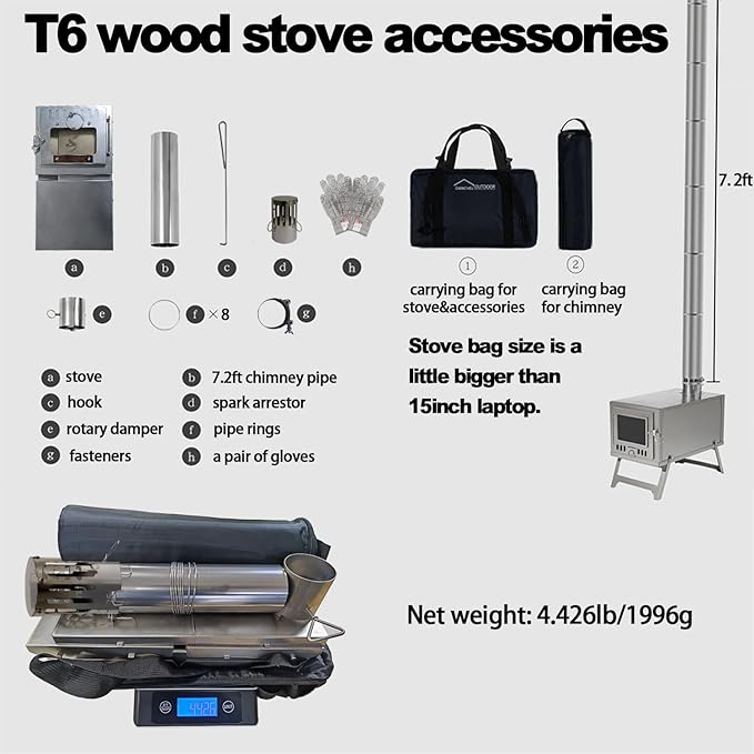 DANCHEL OUTDOOR T6 Ultralight Titanium Wood Stove for Camping Backpacking 4.4lbs Folding Hot Tent Stove with 7.2ft Chimney Pipe Easy Setup for 1 Person Winter Survival Cooking