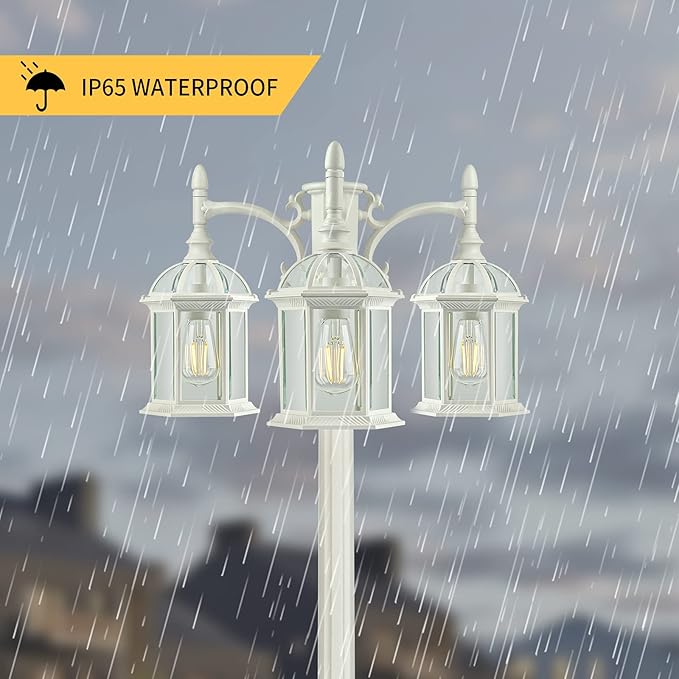 3-Head Outdoor Lamp Post Light Birdcage Waterproof Outside White Street Light Pole with Clear Glass Shade for Yard Garden Patio Path Driveway