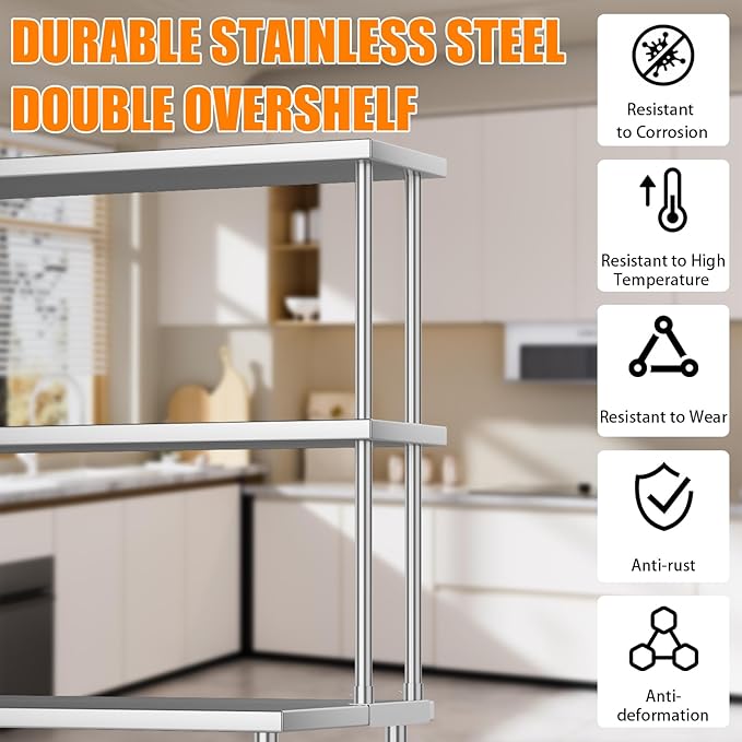 2-Tier Stainless Steel Overshelf for Work &amp Prep Table 12x36 inch Commercial Adjustable Double Shelf Heavy Duty Storage Rack for Kitchens Utility Rooms Restaurants &amp Garages