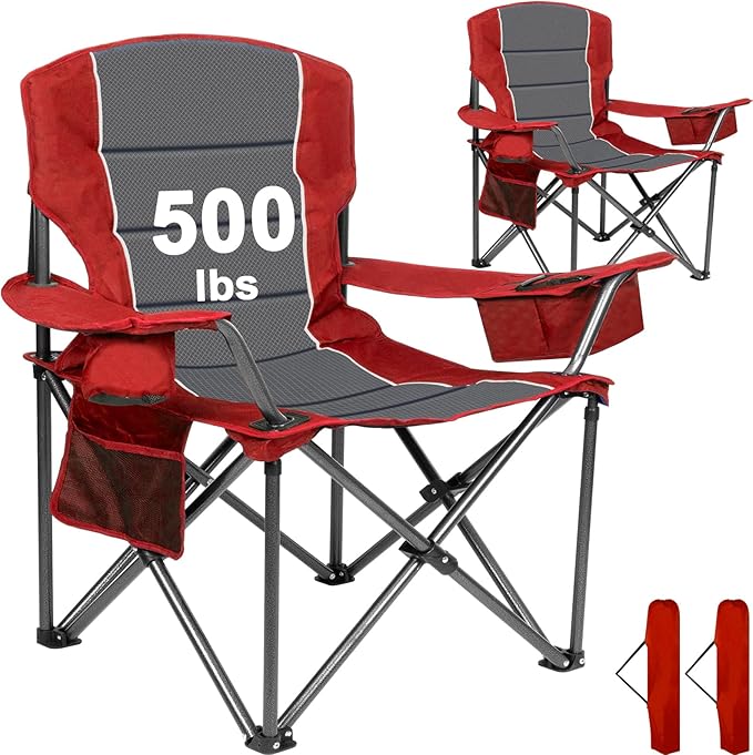 Romswi 2 Pack Oversized Camping Chairs for Adults 500LBS Heavy Duty Steel Folding Chair with Adjustable Elastic Armrests 38.5 Wide 600D Oxford Fabric 6-Can Cooler &amp Side Pockets for Outdoor Re
