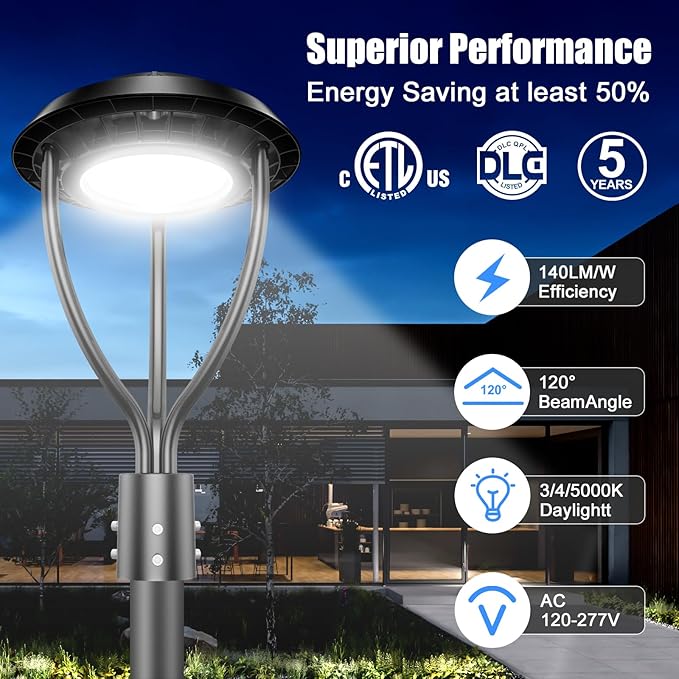 100W LED Post Top Light with Photocell 100W 80W 60W Adjustable 15000LM Adjustable CCT 3000/4000/5000K Outdoor Pole Lights IP65 Waterproof LED Post Light Fixture Area Light ETL DLC Listed