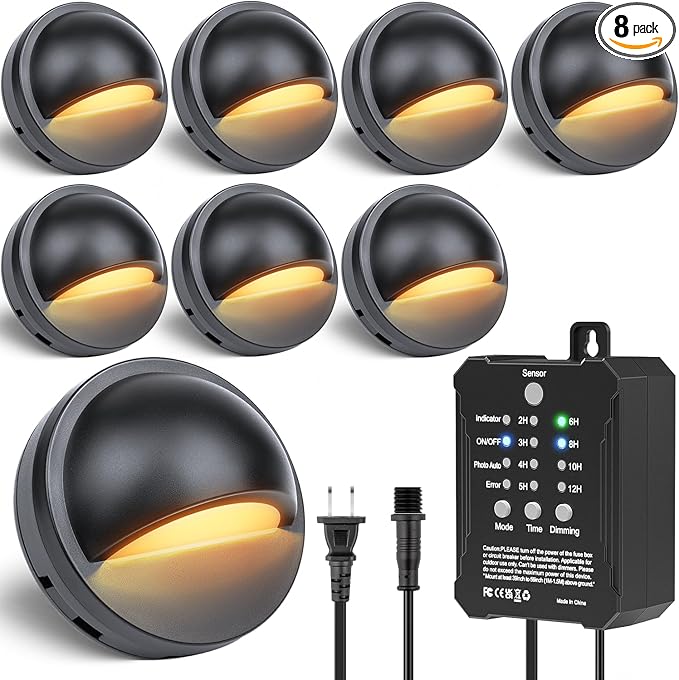HIBOITEC Low Voltage Deck Lights Kit with Transformer Photocell Sensor and Timer IP67 Waterproof Fence Lights UL Listed Wire for Outdoor Garden Patio Landscape Lighting Walkway Steps Warm White 8Packs