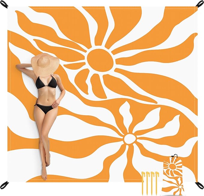 110''×118'' Waterproof Sandproof Beach Blanket 8 Adults Sand Free Boho Sun Outdoor Beach Mat with 4 Stakes Extra Large Compact Picnic Pockets Blanket Essential for Travel Camping Summer Vocation