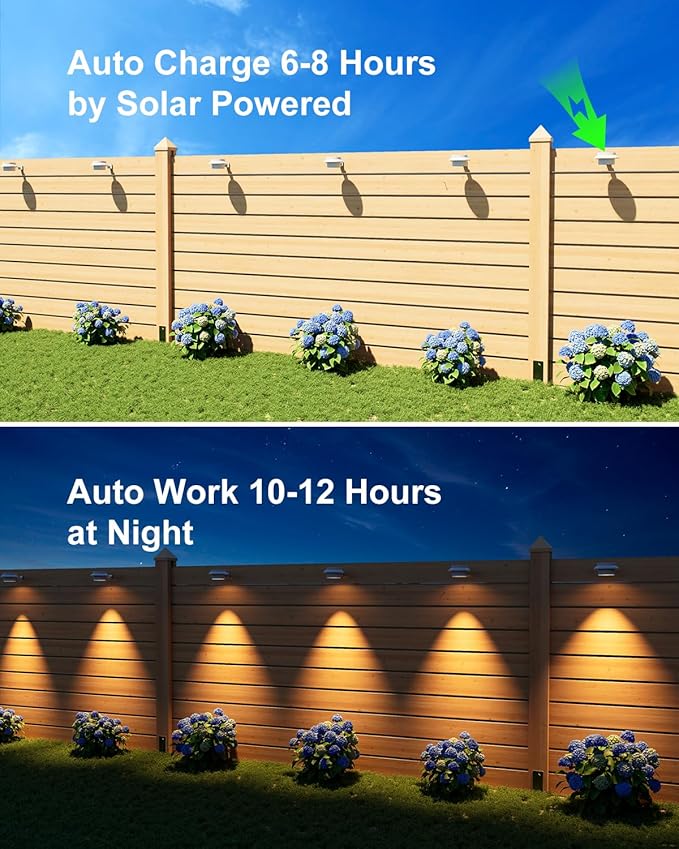 8 Pack White Solar Powered Clip On Gutter Mount Lights Outdoor Waterproof LED Fence Lamp for Lighting Rainspout Railing Outside House Wall Deck Porch Garage Easy Peasy Installation(Warm White)