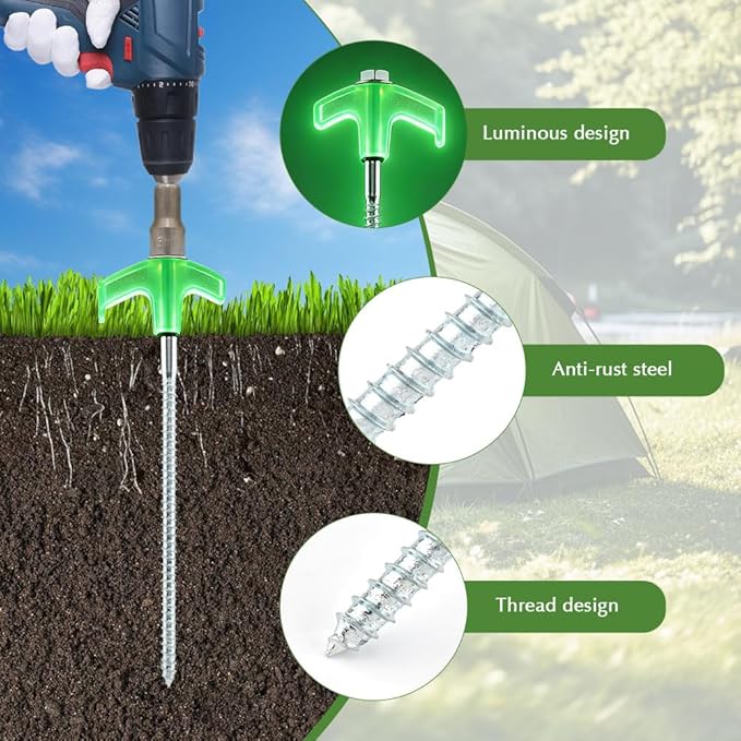 20 Pcs Screw in Tent Stakes Heavy Duty-8” Metal Pegs for Ground Drill in Camping Stake with Hex Head Driver Spikes Puller Protector in Carrying case for Hiking Glow in Dark