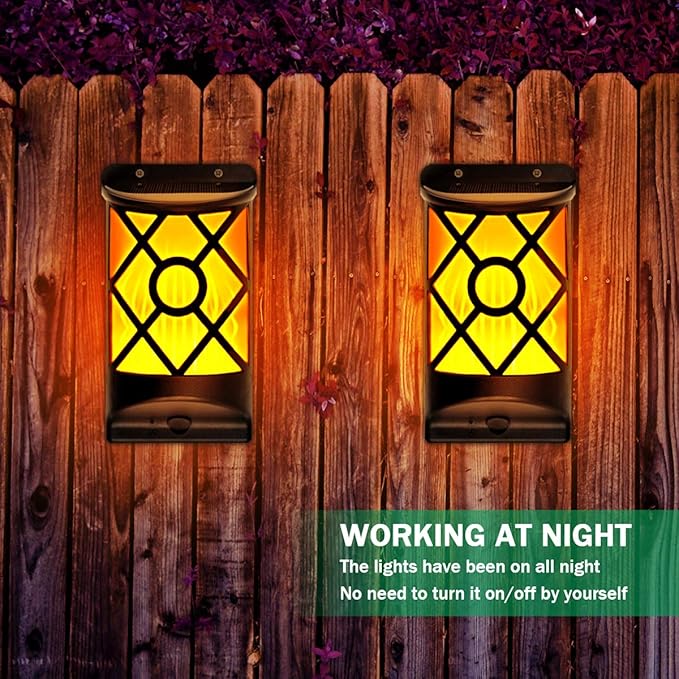 Solar Flame Lights Outdoor - Waterproof Wall Lanterns with Realistic 3D Flickering Flames 66 Ultra Bright LED Fire Effect Light - Garden Decor for Patio Fence Deck - Auto On/Off (4 Pack)